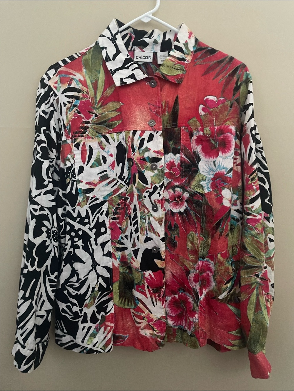 Chico's 100% Linen Tropical Floral Patchwork Button Shirt Jacket Hibiscus 2 L
